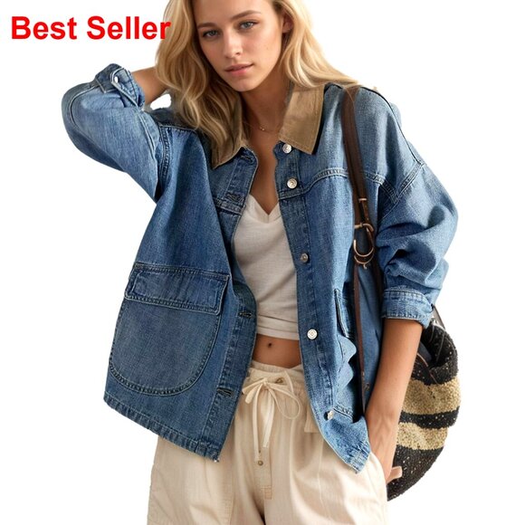 Oversized Denim Barn Jacket with Contrast Trim Button Down Long Sleeve